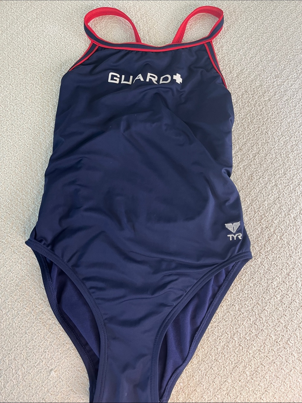 TYR Navy One-Piece Swimsuit Lifeguard with Red Accent Straps, sz 32